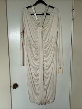 Cream Long-Sleeve Ruched Dress with Metallic Strap Detail